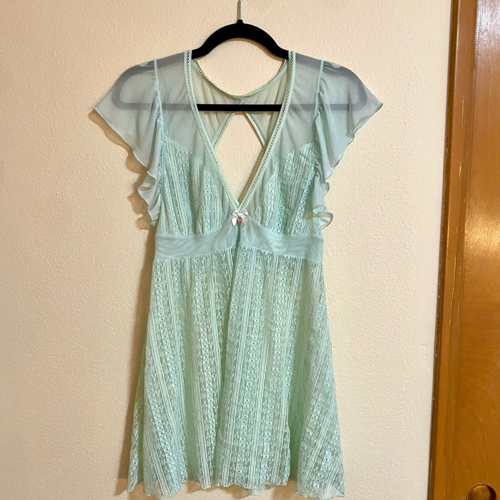 Mint Green Lace Dress with Sheer Sleeves